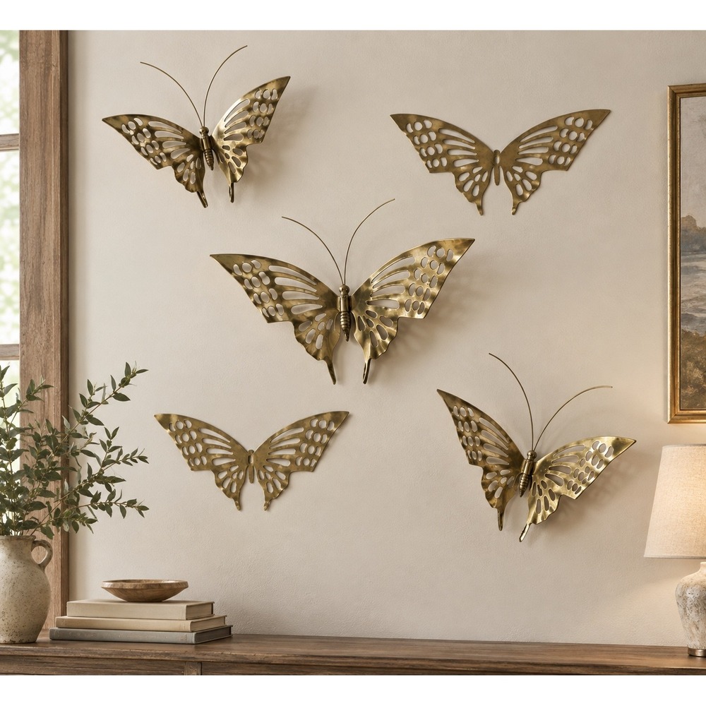 Vintage Brass Butterfly Wall Art Set 5 Mid Century Modern Gold Metal Decor